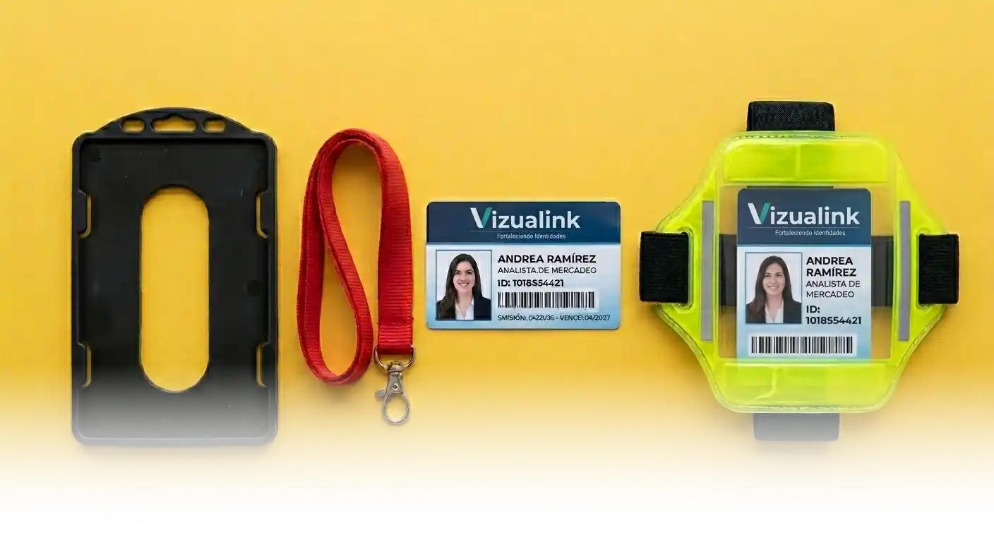 Kit de Identificación con todos sus componentes: porta carnet, cinta, carnet impreso y brazalete porta carnet.