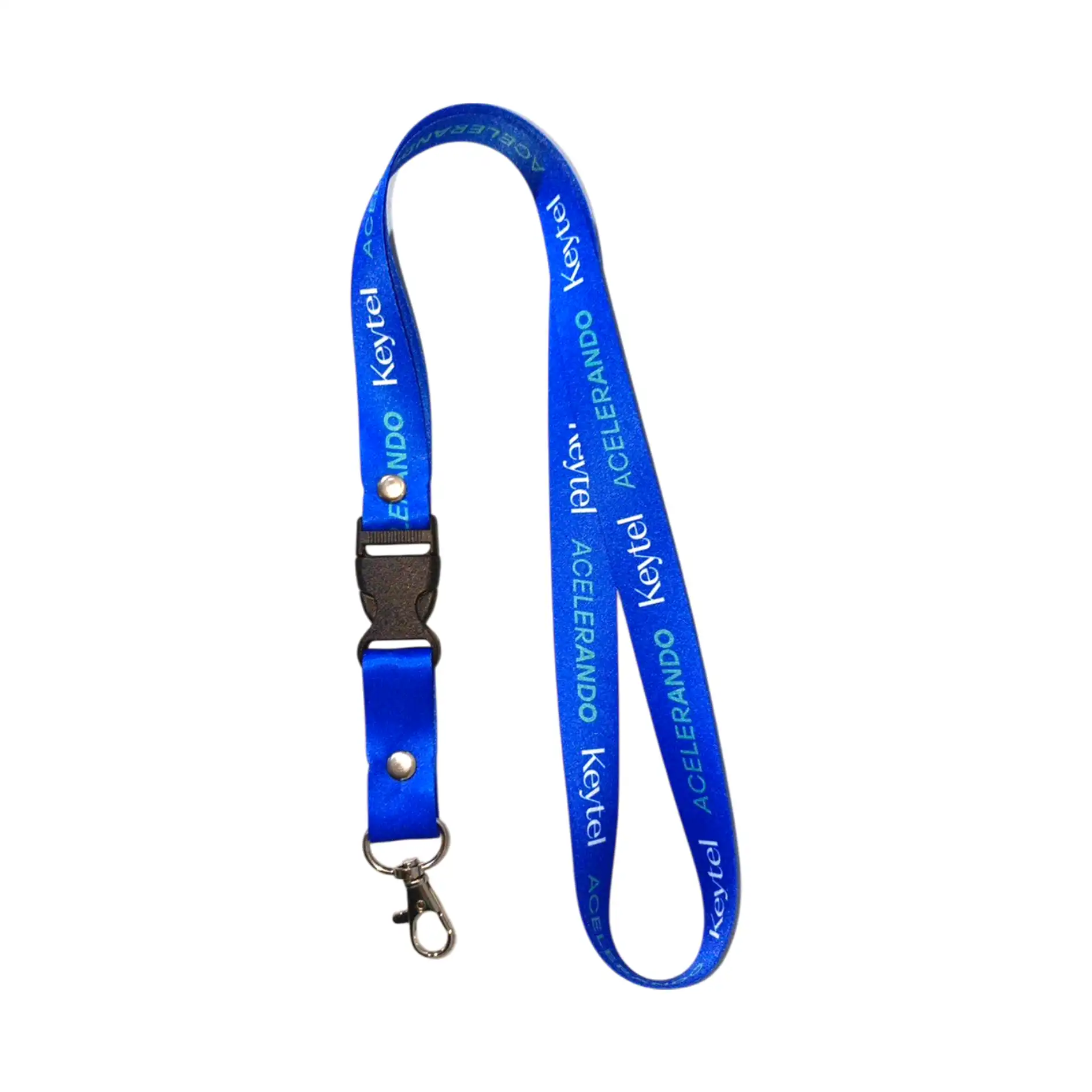 Lanyard azul en poliéster con hebilla de desprendimiento rápido.